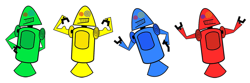4 Dan Droids, um verde, um amarelo, um azul e um vermelho.